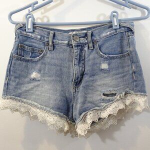 Free People Lace Trim Denim Jean Shorts Size 24 Distressed Casual Blue White